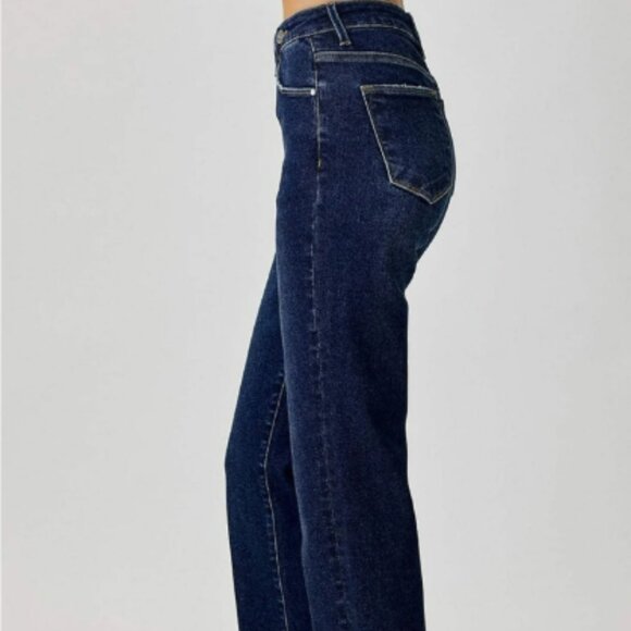 Risen Jeans High Rise Cross Over Straight Leg Dark Wash Jeans - Picture 2 of 7